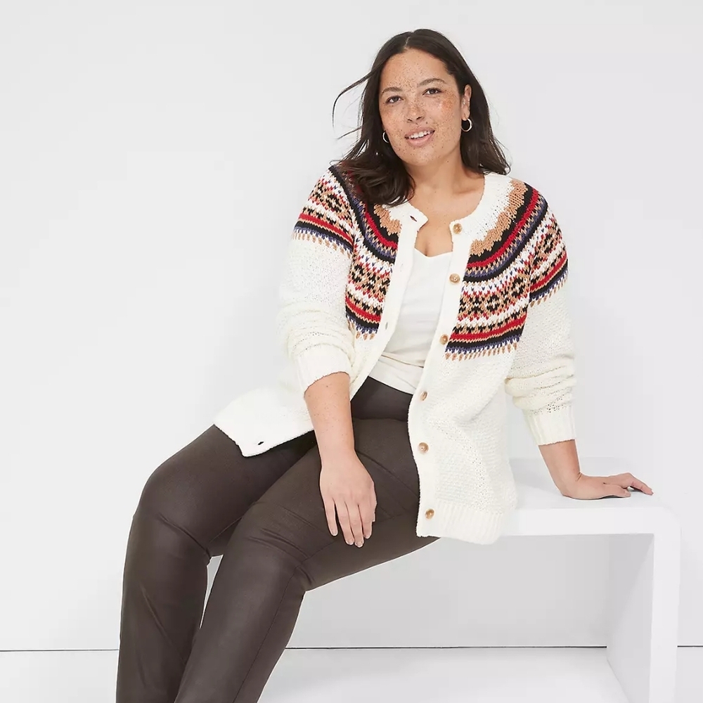 Lane BRYANT cream Fair Isle Button Up Cardigan Sweater Sz 14/16